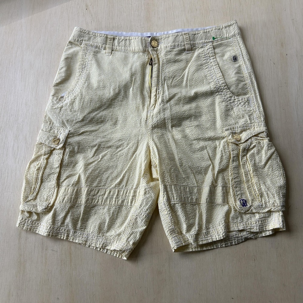 CAVI Cargo Shorts Mens 34 Yellow Striped Seersucker Flat Front Casual Summer